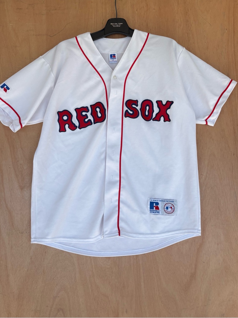 VTG RED SOX Russell Athletic White Jersey with Blue and Red Logo Patch